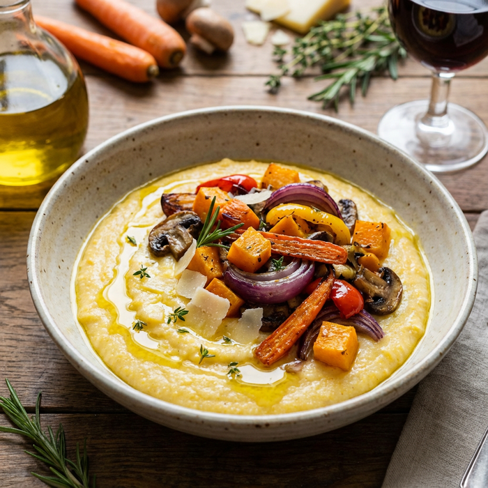 Polenta crémeuse & légumes rôtis, huile Bois Fauve