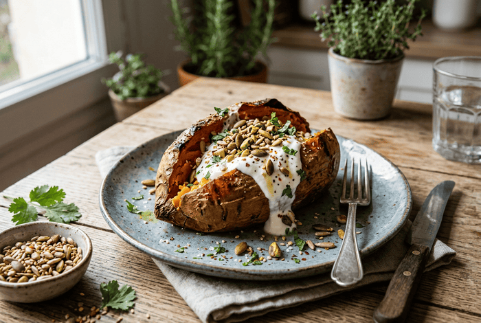Patate douce rôtie entière, yaourt épais et graines toastées