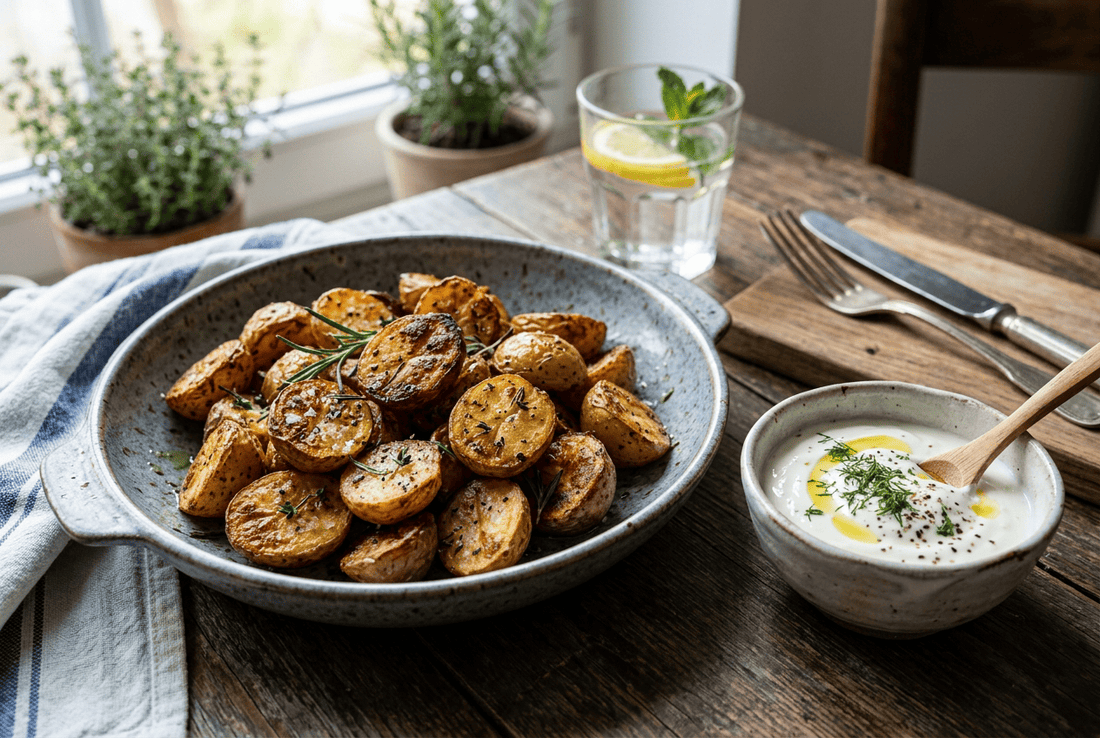 Pommes de terre rôties dorées, crème de yaourt & Dunes d'Or
