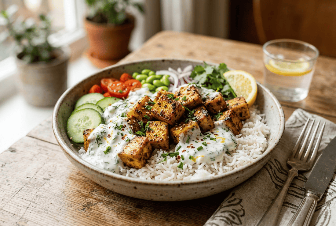 Tofu rôti doré, riz blanc & sauce yaourt