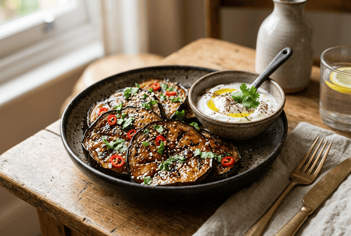 Aubergine poêlée en tranches épaisses, glaçage rapide et yaourt