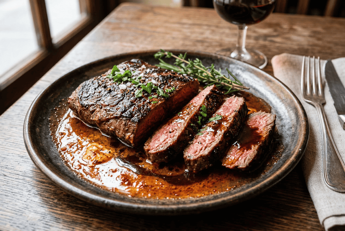 Bavette de bœuf saisie très chaude, beurre rouge épicé et jus court puissant