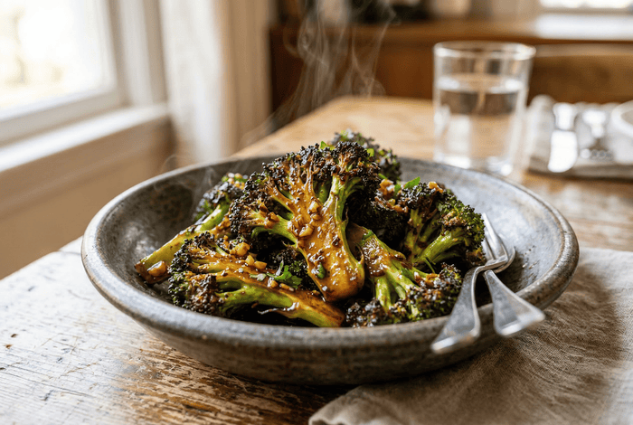 Brocoli rôti très chaud, surface grillée et sauce brillante