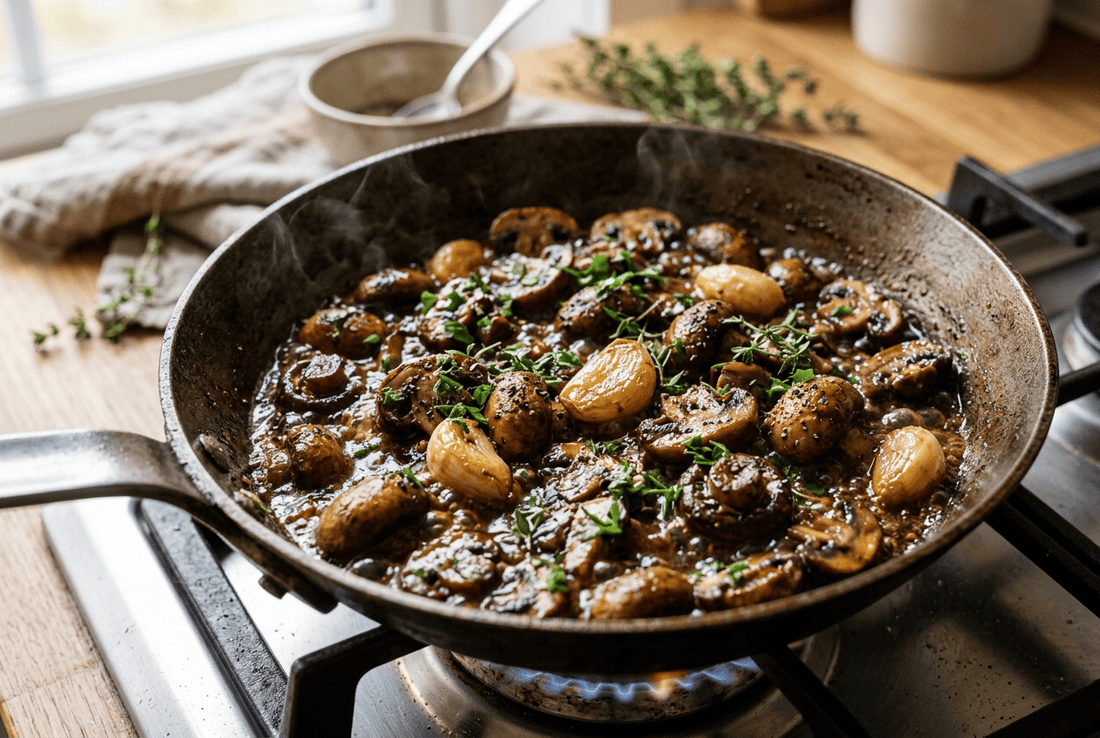 Champignons sautés à feu vif, ail confit et jus végétal