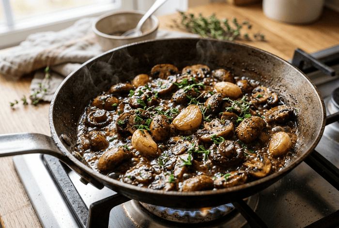 Champignons sautés à feu vif, ail confit et jus végétal