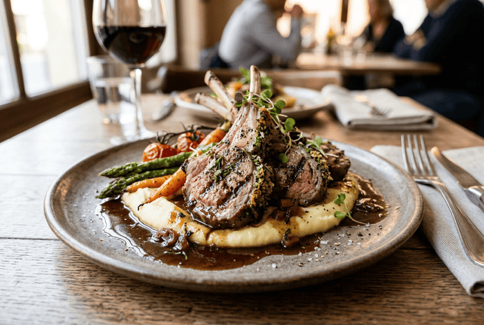 Côtelettes d'agneau grillées, croûte aromatique et jus végétal réduit