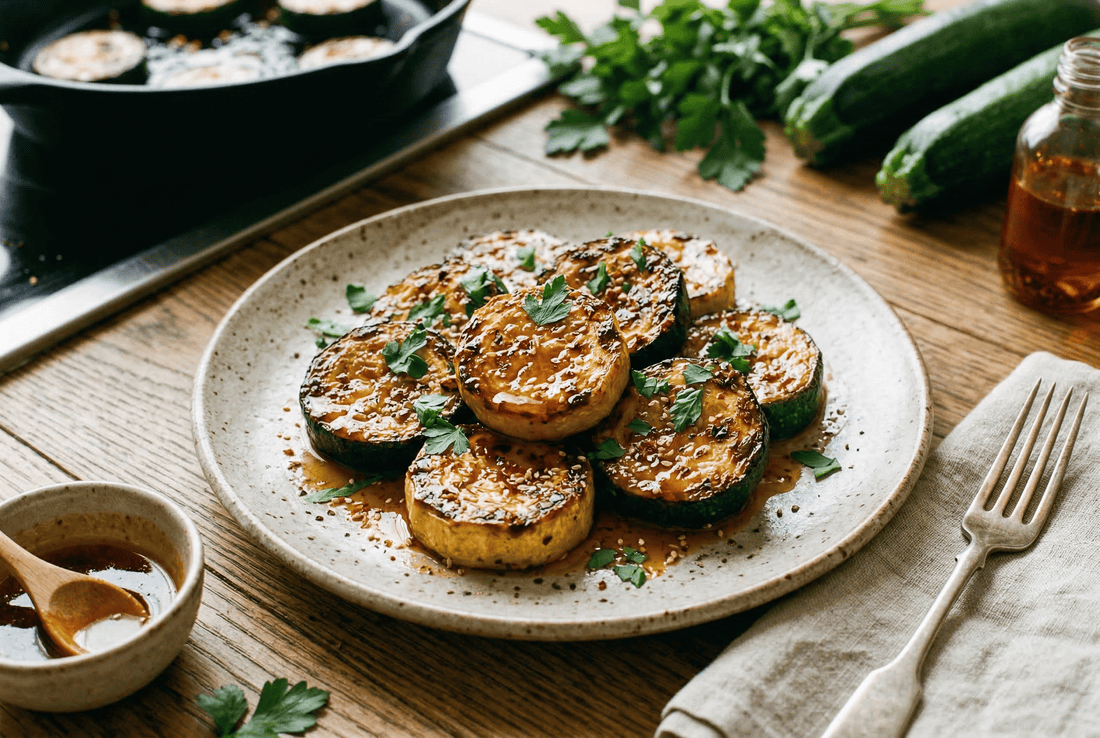Courgettes poêlées épaisses, cœur fondant et nappage chaud doux-piquant