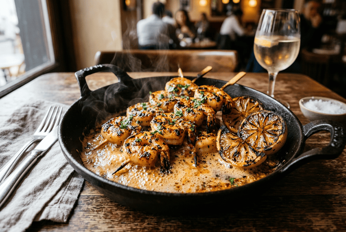 Crevettes snackées très chaudes, beurre mousseux épicé et citron brûlé