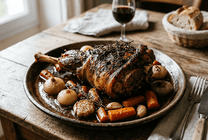 Épaule d'agneau rôtie lentement, jus concentré et légumes fondants