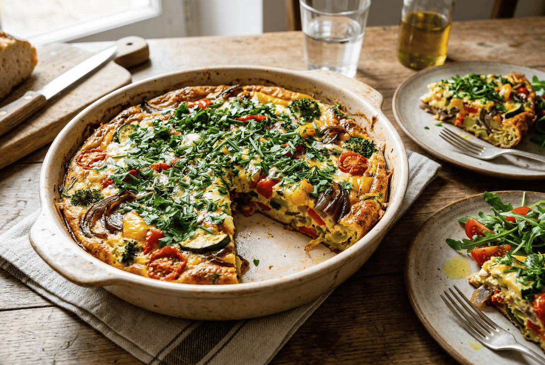 Frittata épaisse au four, légumes fondants et surface herbacée