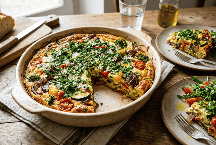 Frittata épaisse au four, légumes fondants et surface herbacée