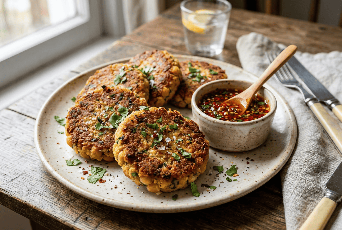 Galettes de pois chiches poêlées, croûte dorée et sauce douce-piquante