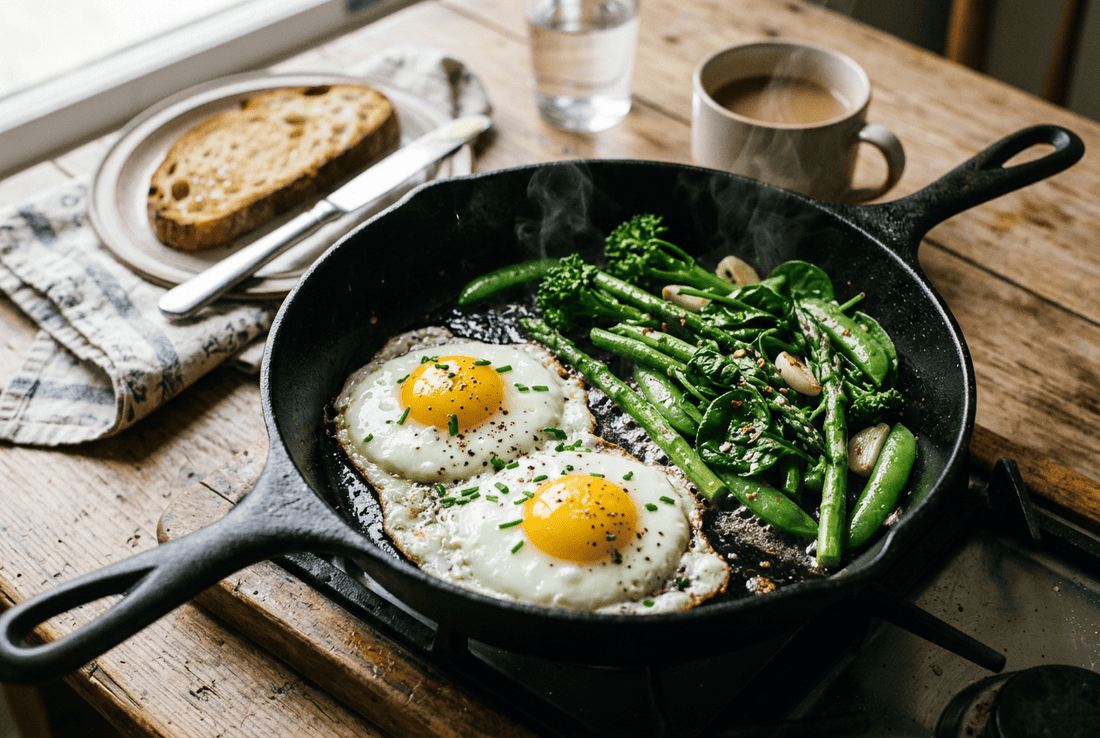 Œufs au plat, légumes verts poêlés et huile chaude
