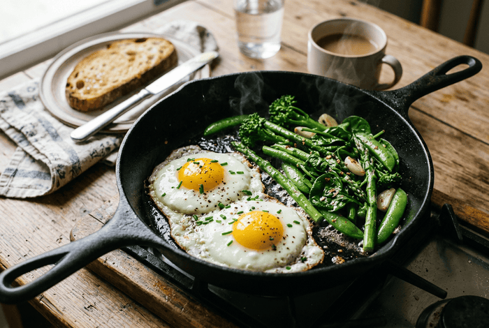 Œufs au plat, légumes verts poêlés et huile chaude