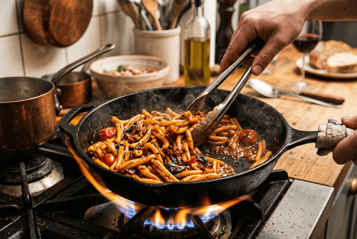 Pâtes poêlées façon "finish à la flamme", sauce courte brillante