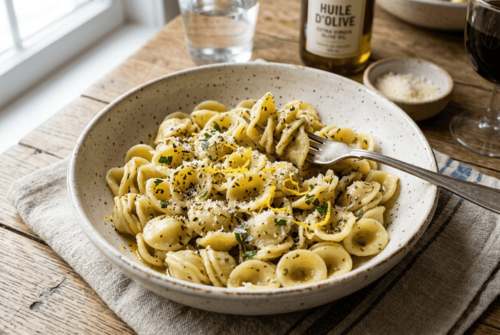 Pâtes courtes au beurre d'olive, herbes sèches et zestes