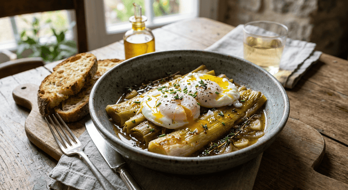 Poireaux fondants braisés, œufs pochés & huile dorée