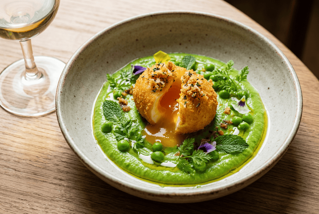 Œuf mollet croustillant, purée de petits pois - KAZA