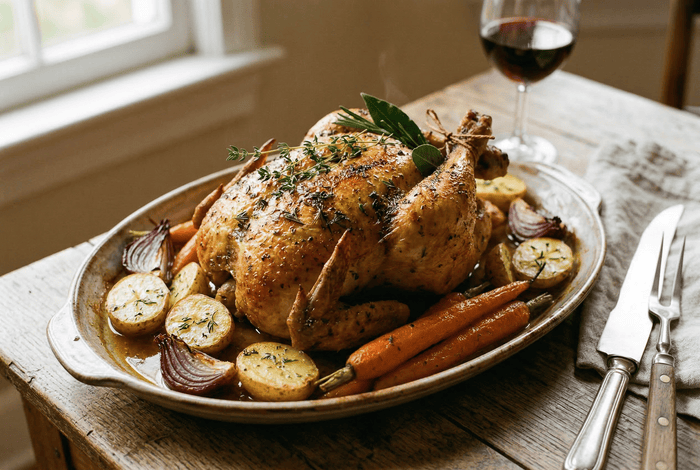 Poulet rôti entier, jus court doré et légumes simples