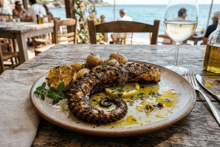 Poulpe grillé très chaud, croûte aromatique et jus court citronné
