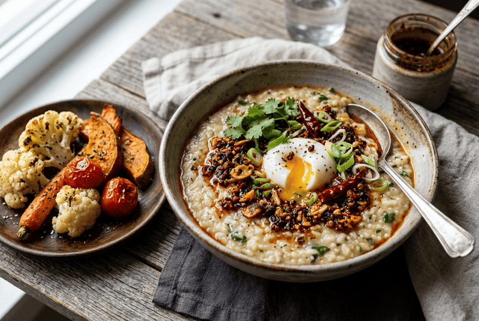 Riz au lait salé, surface chaude épicée et légumes rôtis