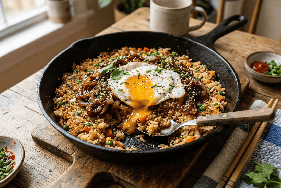 Riz sauté façon fond de poêle, oignons caramélisés et œuf cassé