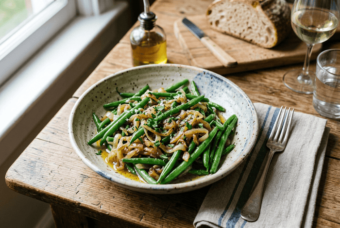 Salade tiède de haricots verts, oignons fondus et huile d'olive
