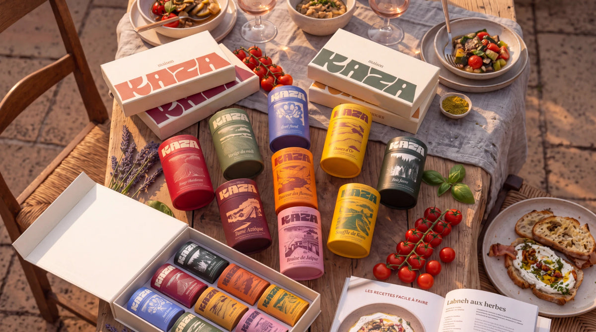 Gamme de mélanges d'épices et coffrets Maison KAZA sur une table en bois, vue de dessus